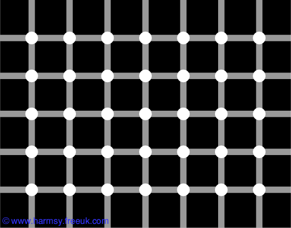 Grid of grey lines, white circles, on black